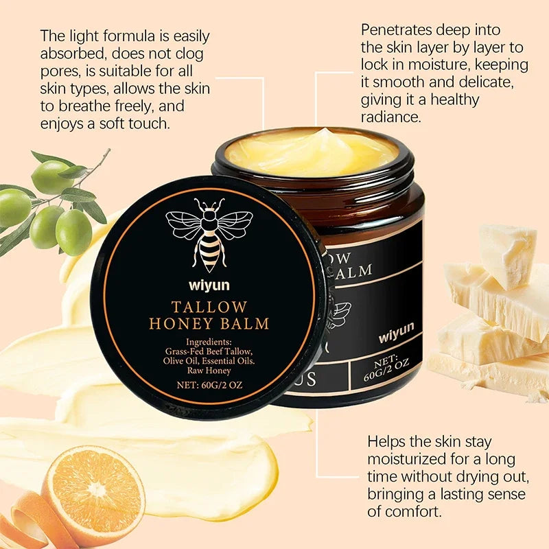 60G Beef Tallow Honey Moisturizing Cream Brand Gentle Hydrating Long-Lasting Non-Sticky Smooth Skin Cream Us Hot Sale Honey Balm